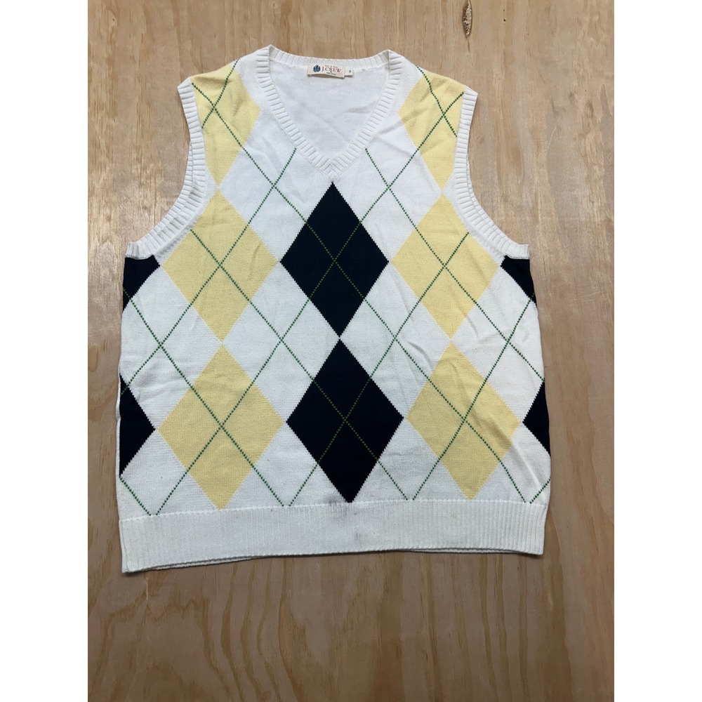 J.Crew Mens Argyle Sweater Vest White Navy Yellow Cotton V-Neck‎ 92293 SP 09 M